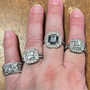 4 NEW rings, silver and jewels bling party travel rings lot of 3 diamond costume